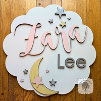 Celestial Round Room Sign w/ Two Names, Moon & Stars - Cute Boy, Girl or Baby Nursery Decor