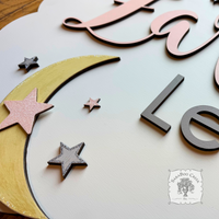 Celestial Round Room Sign w/ Two Names, Moon & Stars - Cute Boy, Girl or Baby Nursery Decor