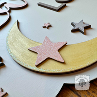 Celestial Round Room Sign w/ Two Names, Moon & Stars - Cute Boy, Girl or Baby Nursery Decor