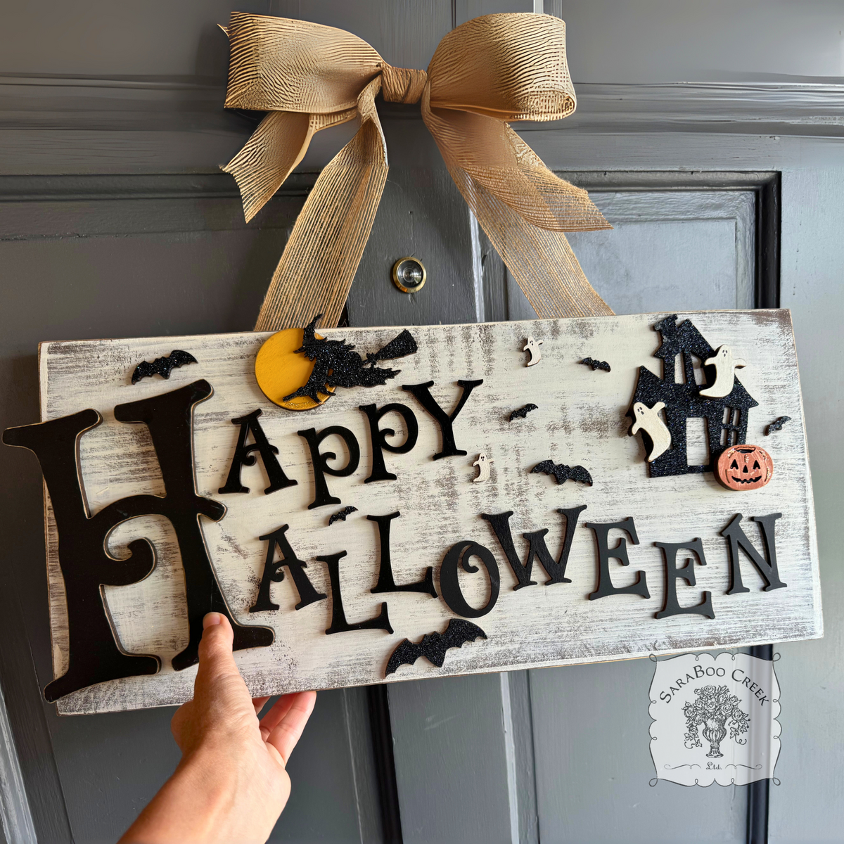 9" x 20" Happy Halloween Rustic Wood Hanging Sign