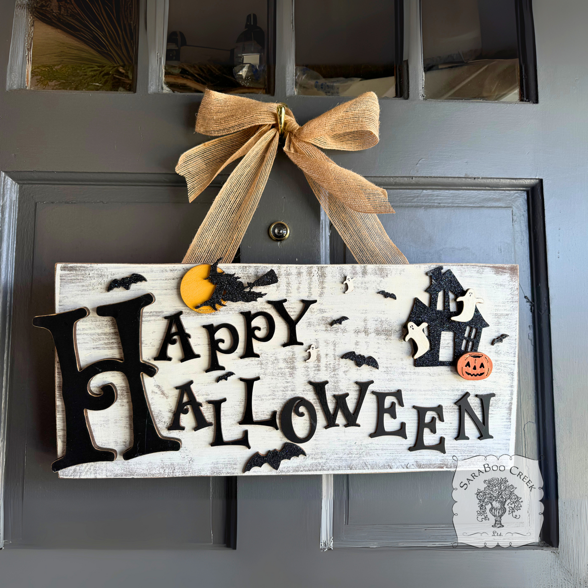9" x 20" Happy Halloween Rustic Wood Hanging Sign