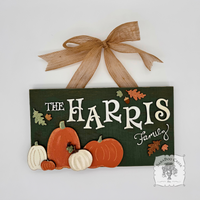Fall Wall Art Door Sign w/ Wood Pumpkins, Autumn Leaves and Family Name