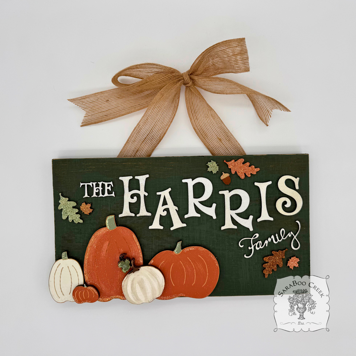 Fall Wall Art Door Sign w/ Wood Pumpkins, Autumn Leaves and Family Name