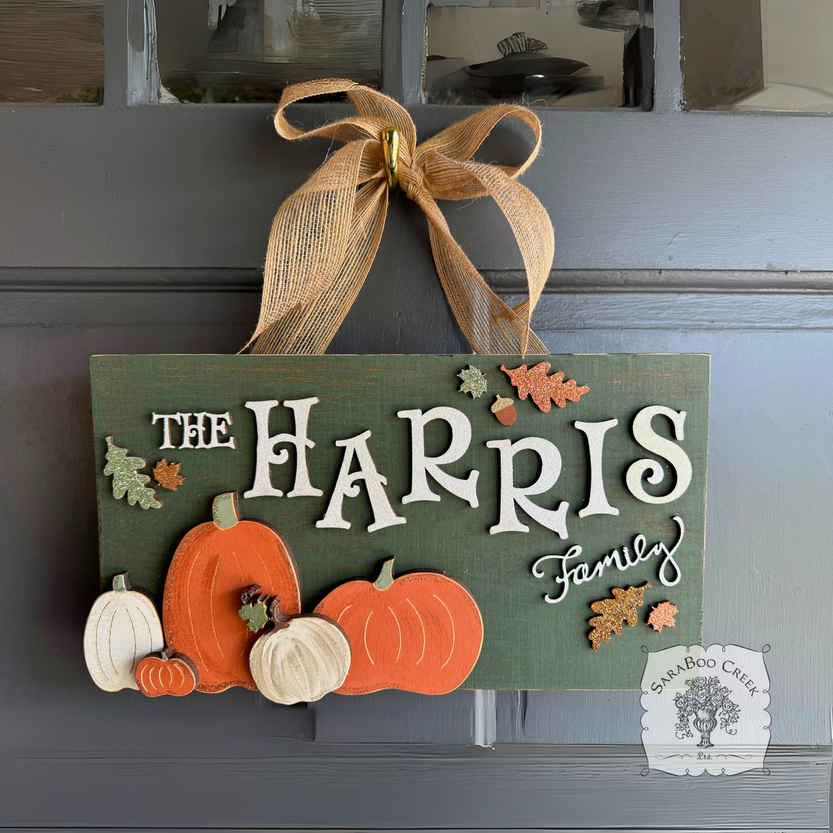 Fall Wall Art Door Sign w/ Wood Pumpkins, Autumn Leaves and Family Name