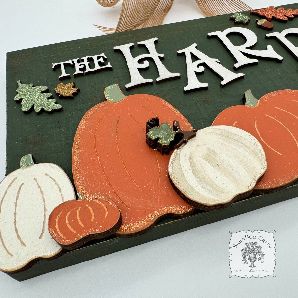 Fall Wall Art Door Sign w/ Wood Pumpkins, Autumn Leaves and Family Name