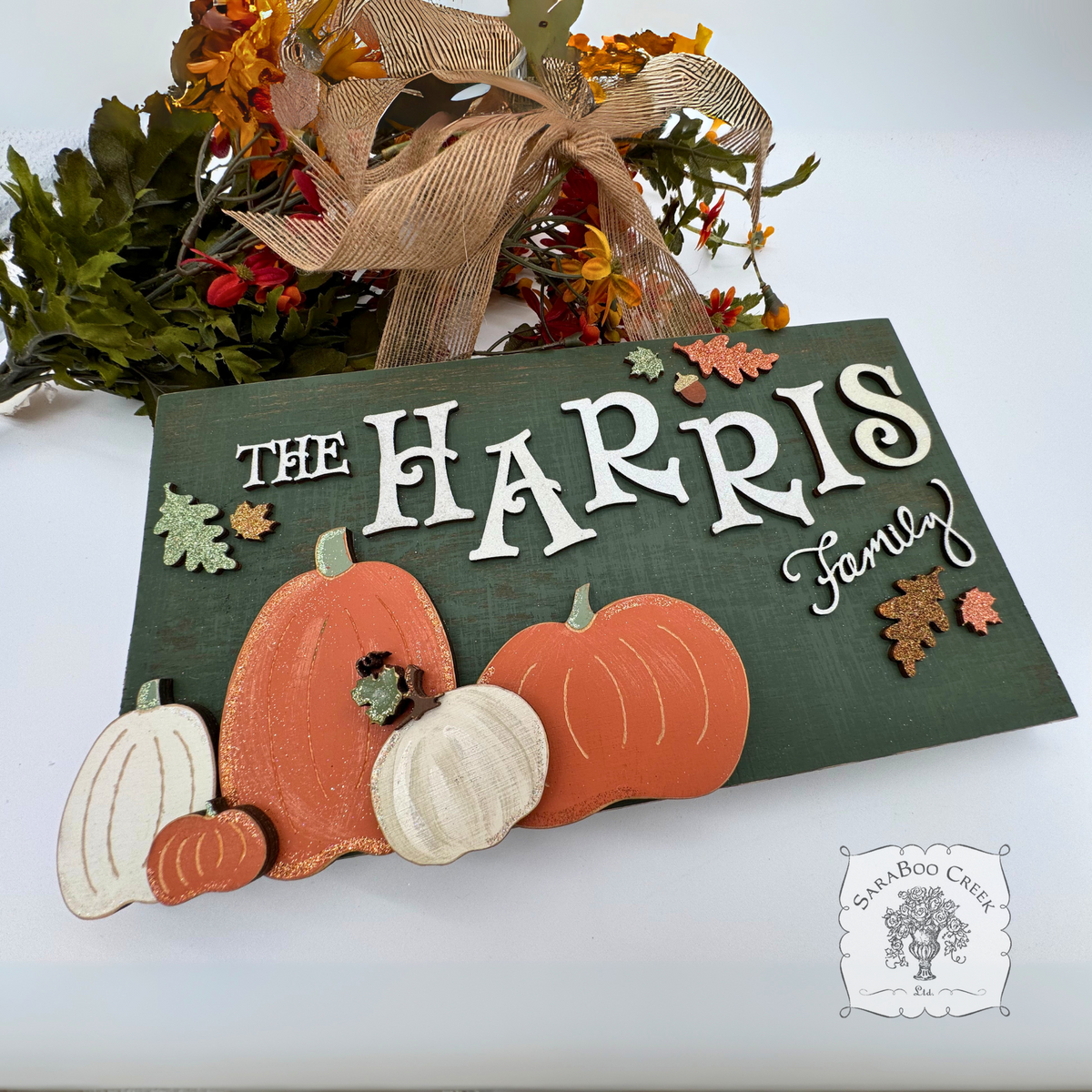 Fall Wall Art Door Sign w/ Wood Pumpkins, Autumn Leaves and Family Name