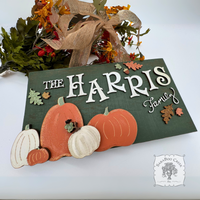 Fall Wall Art Door Sign w/ Wood Pumpkins, Autumn Leaves and Family Name