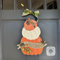 18" Fall Triple Pumpkin Sign w/ Personalized Banner and Leaves