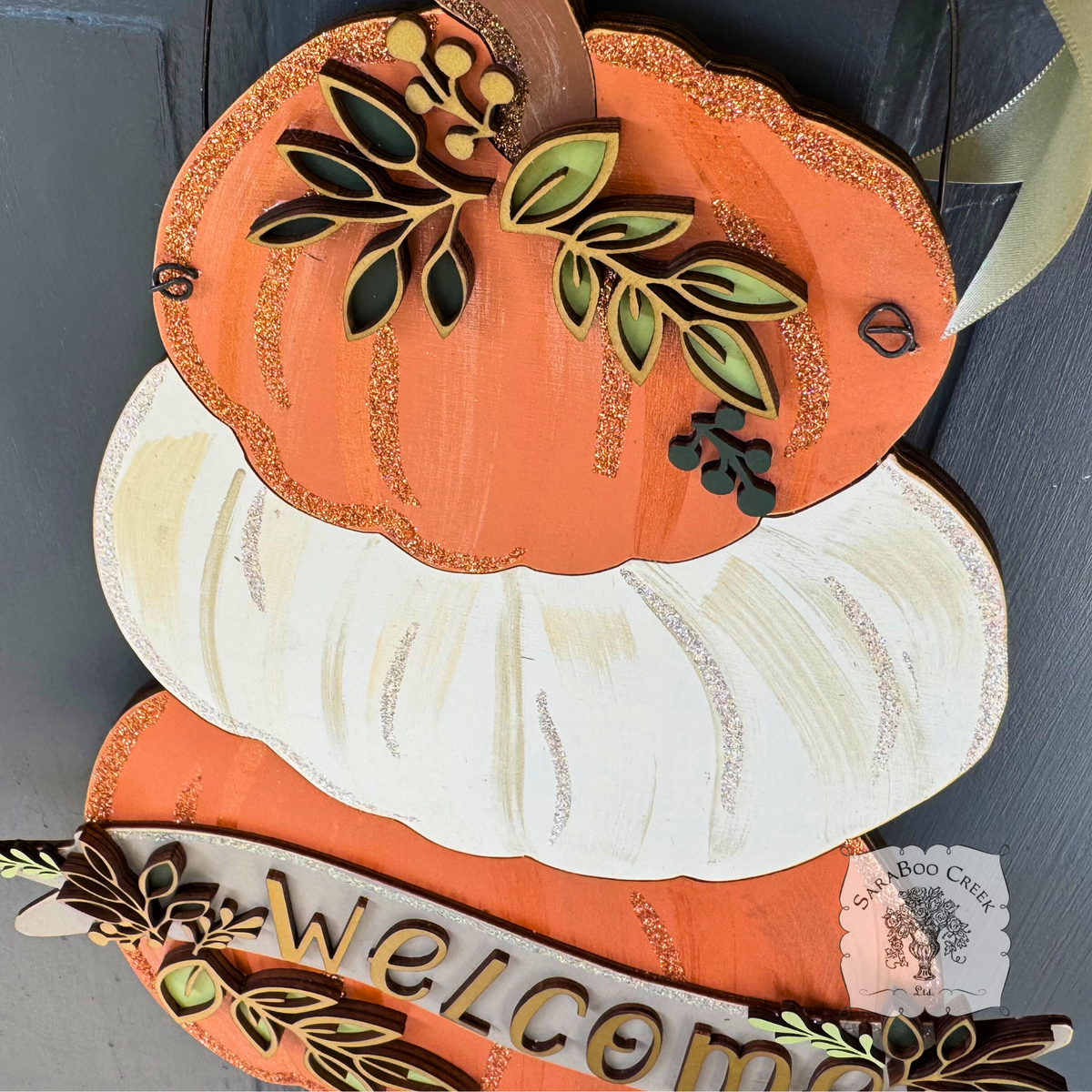18" Fall Triple Pumpkin Sign w/ Personalized Banner and Leaves
