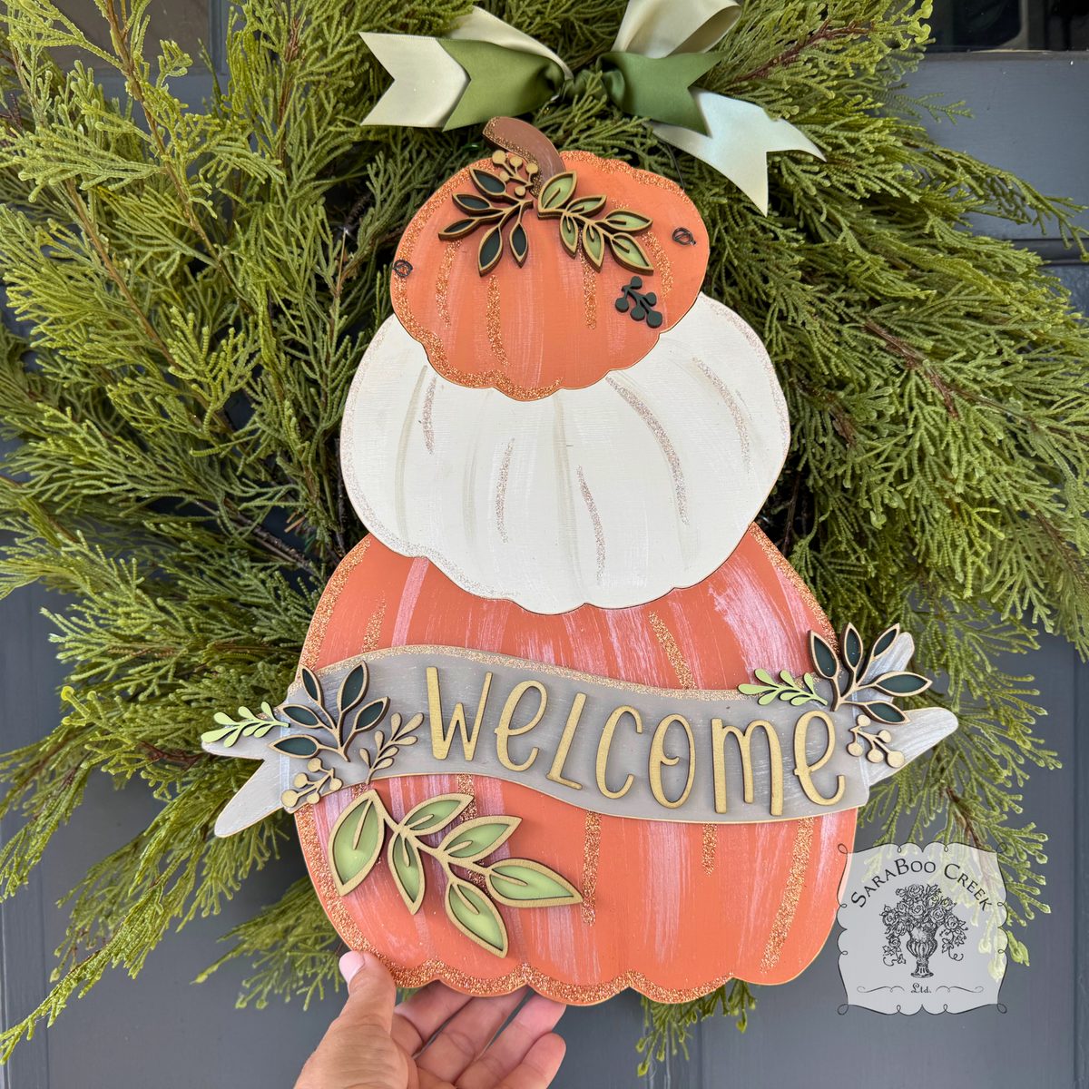 18" Fall Triple Pumpkin Sign w/ Personalized Banner and Leaves