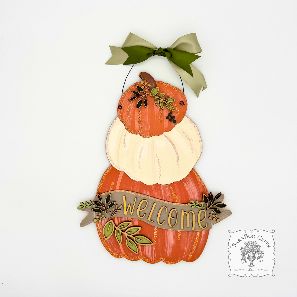 18" Fall Triple Pumpkin Sign w/ Personalized Banner and Leaves