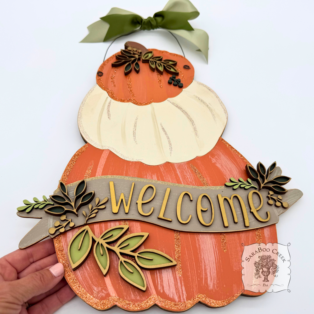 18" Fall Triple Pumpkin Sign w/ Personalized Banner and Leaves