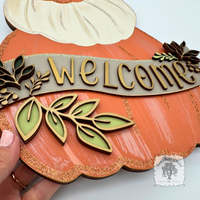 18" Fall Triple Pumpkin Sign w/ Personalized Banner and Leaves