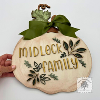 11 x 14 White Fall Pumpkin Sign w/ Gold Personalization and Leaf Detail