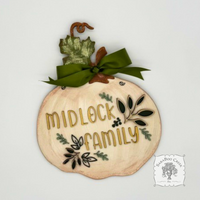 11 x 14 White Fall Pumpkin Sign w/ Gold Personalization and Leaf Detail