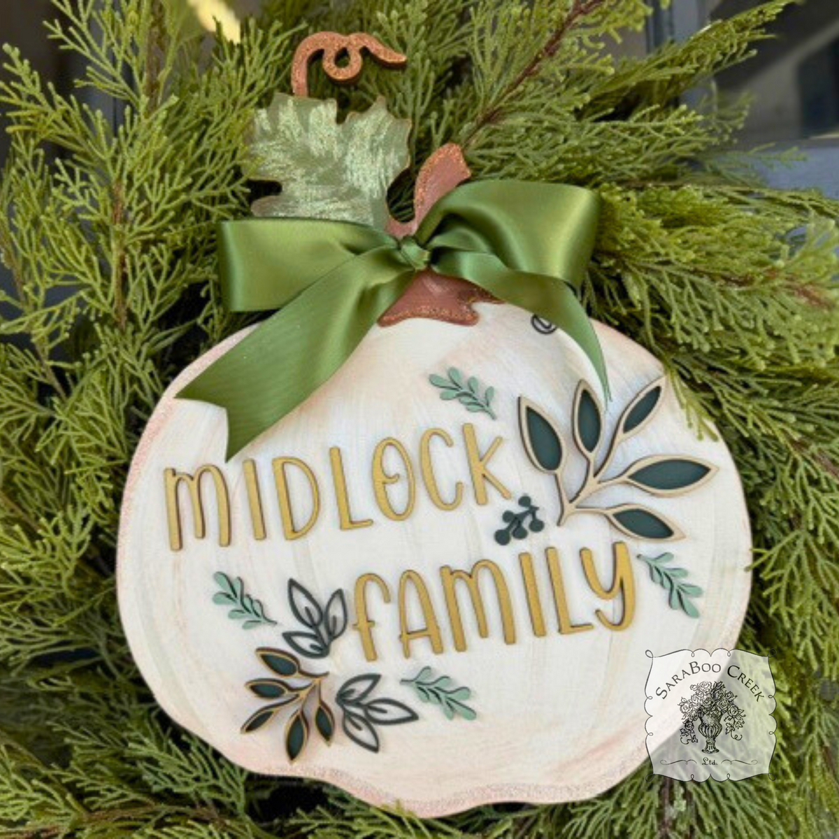 11 x 14 White Fall Pumpkin Sign w/ Gold Personalization and Leaf Detail