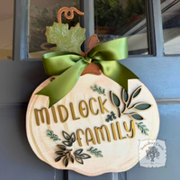 11 x 14 White Fall Pumpkin Sign w/ Gold Personalization and Leaf Detail