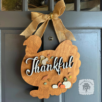 18" Thanksgiving Turkey Door Hanging Sign with Rustic "Thankful" Word and Handmade Wood Decorations