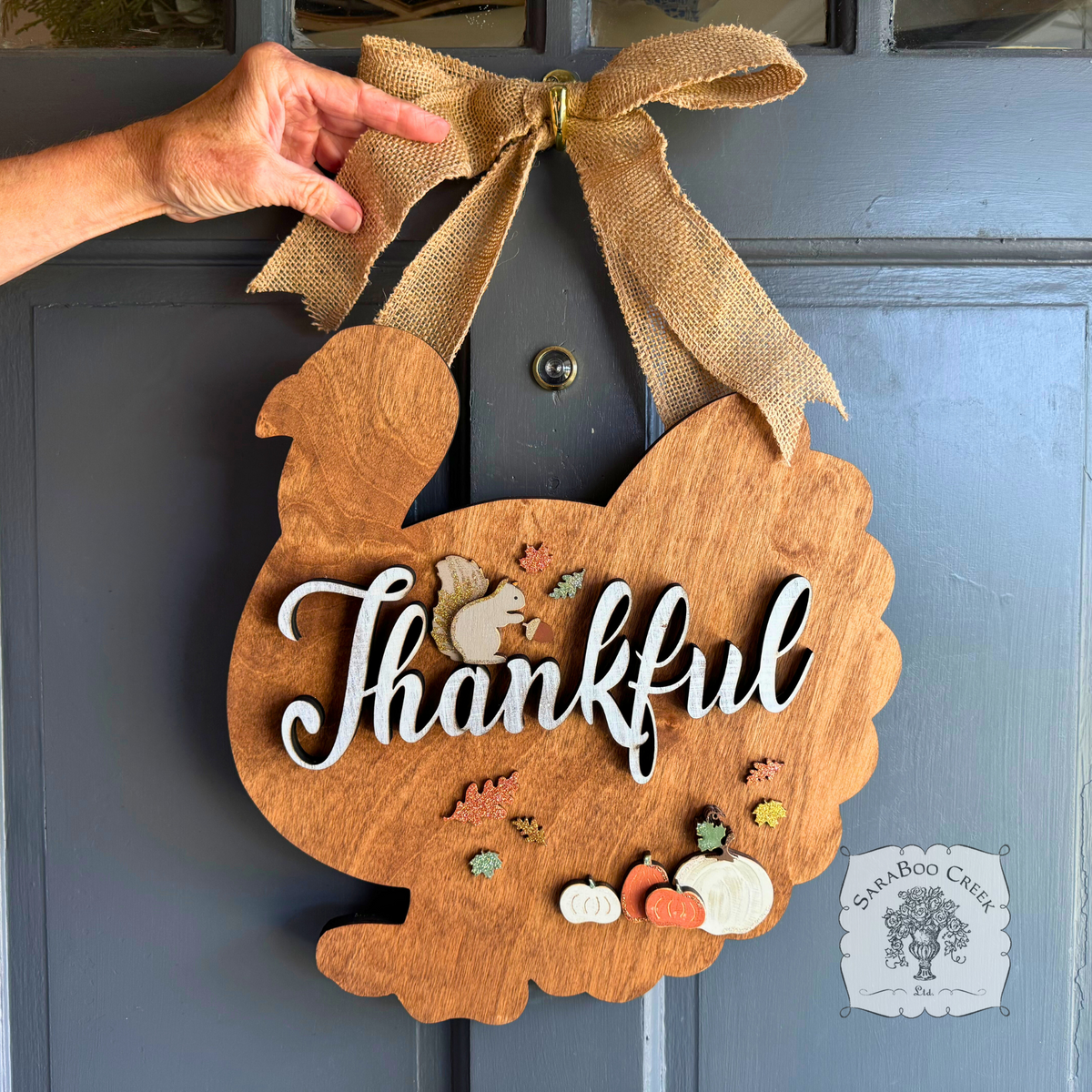 18" Thanksgiving Turkey Door Hanging Sign with Rustic "Thankful" Word and Handmade Wood Decorations