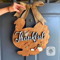 18" Thanksgiving Turkey Door Hanging Sign with Rustic "Thankful" Word and Handmade Wood Decorations