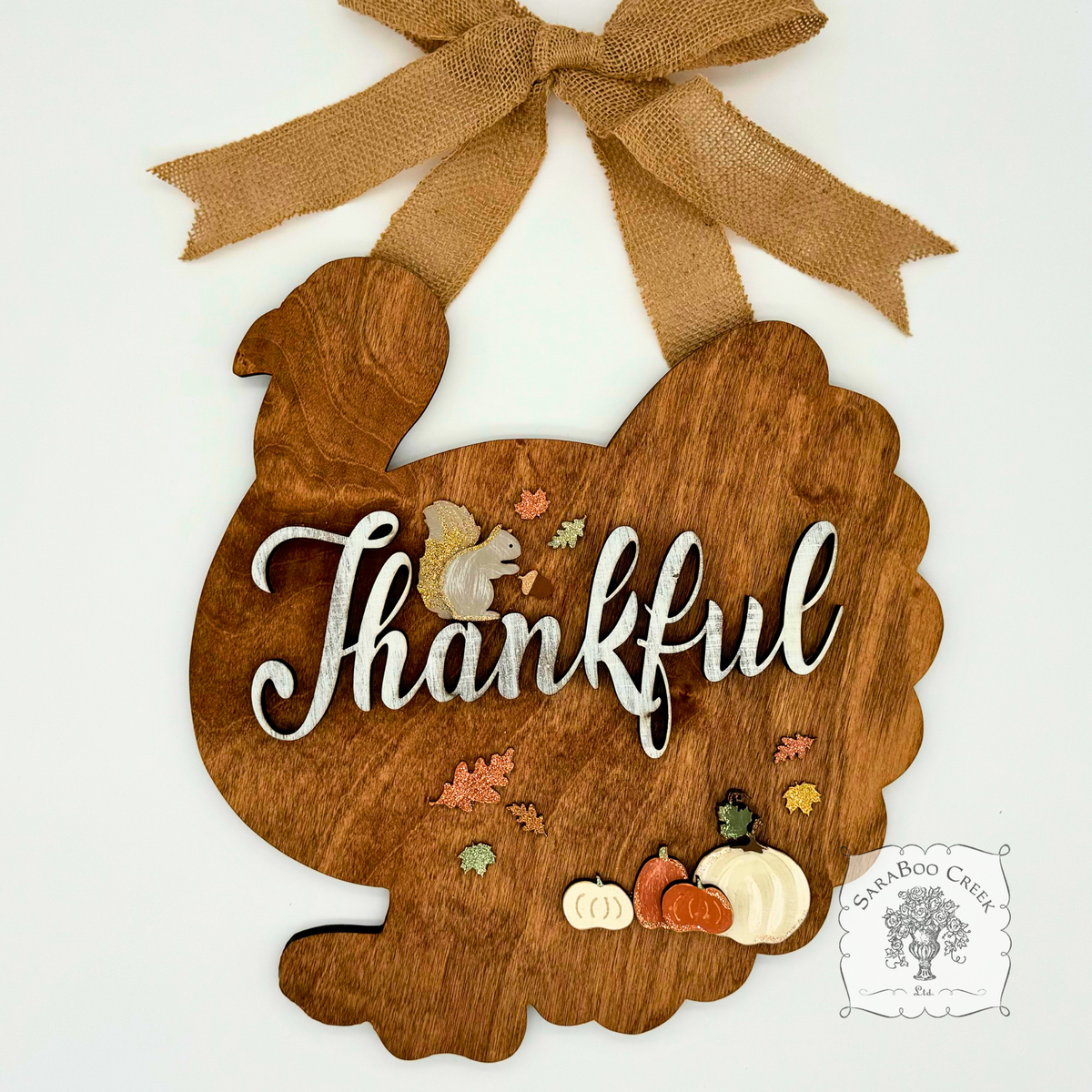 18" Thanksgiving Turkey Door Hanging Sign with Rustic "Thankful" Word and Handmade Wood Decorations