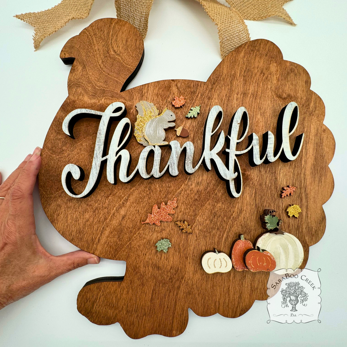 18" Thanksgiving Turkey Door Hanging Sign with Rustic "Thankful" Word and Handmade Wood Decorations