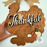 18" Thanksgiving Turkey Door Hanging Sign with Rustic "Thankful" Word and Handmade Wood Decorations