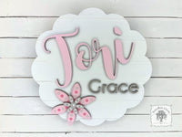 Scalloped Round Two Name Sign with Hand Painted Flowers