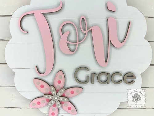 Scalloped Round Two Name Sign with Hand Painted Flowers
