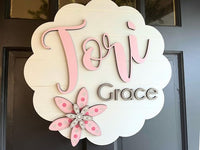 Scalloped Round Two Name Sign with Hand Painted Flowers