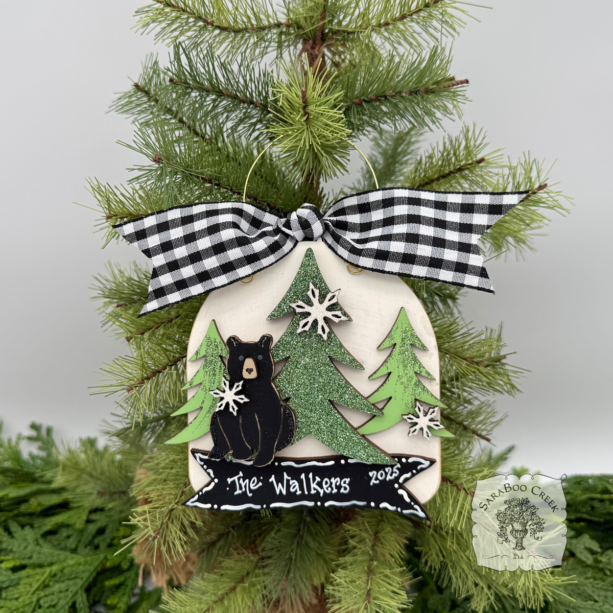 Personalized Black Bear Ornament; Handmade Layered Bear in the Woods Winter Scene
