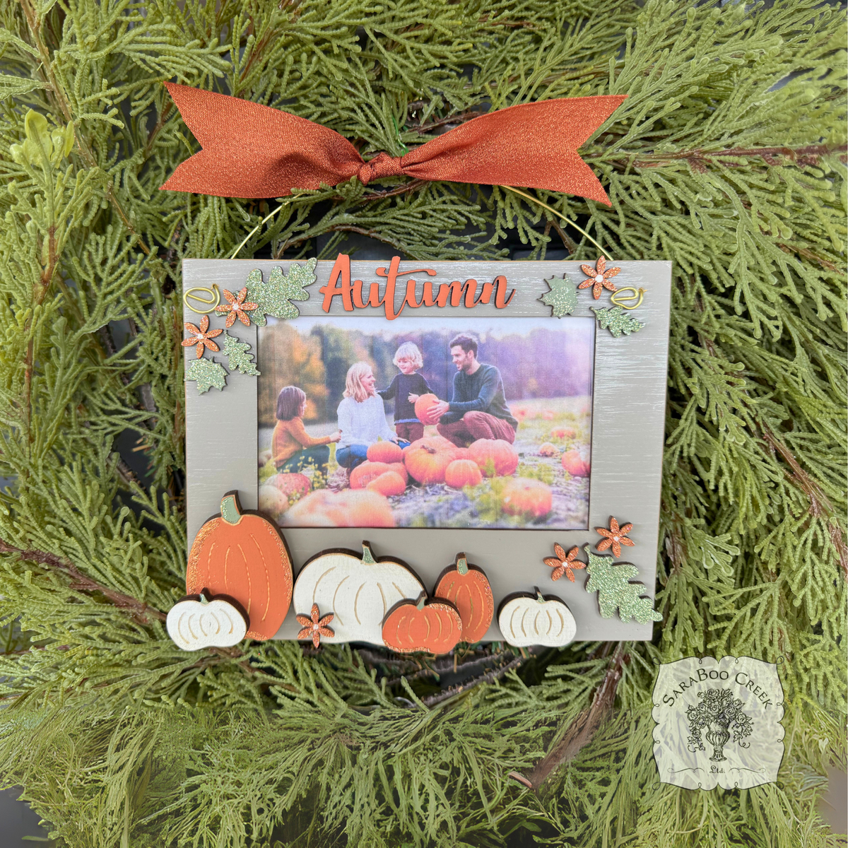 Wood "Autumn" Hanging Picture Frame with Pumpkins and Fall Leaves & Floral - Slip in 3.5" x 5.5" Photo