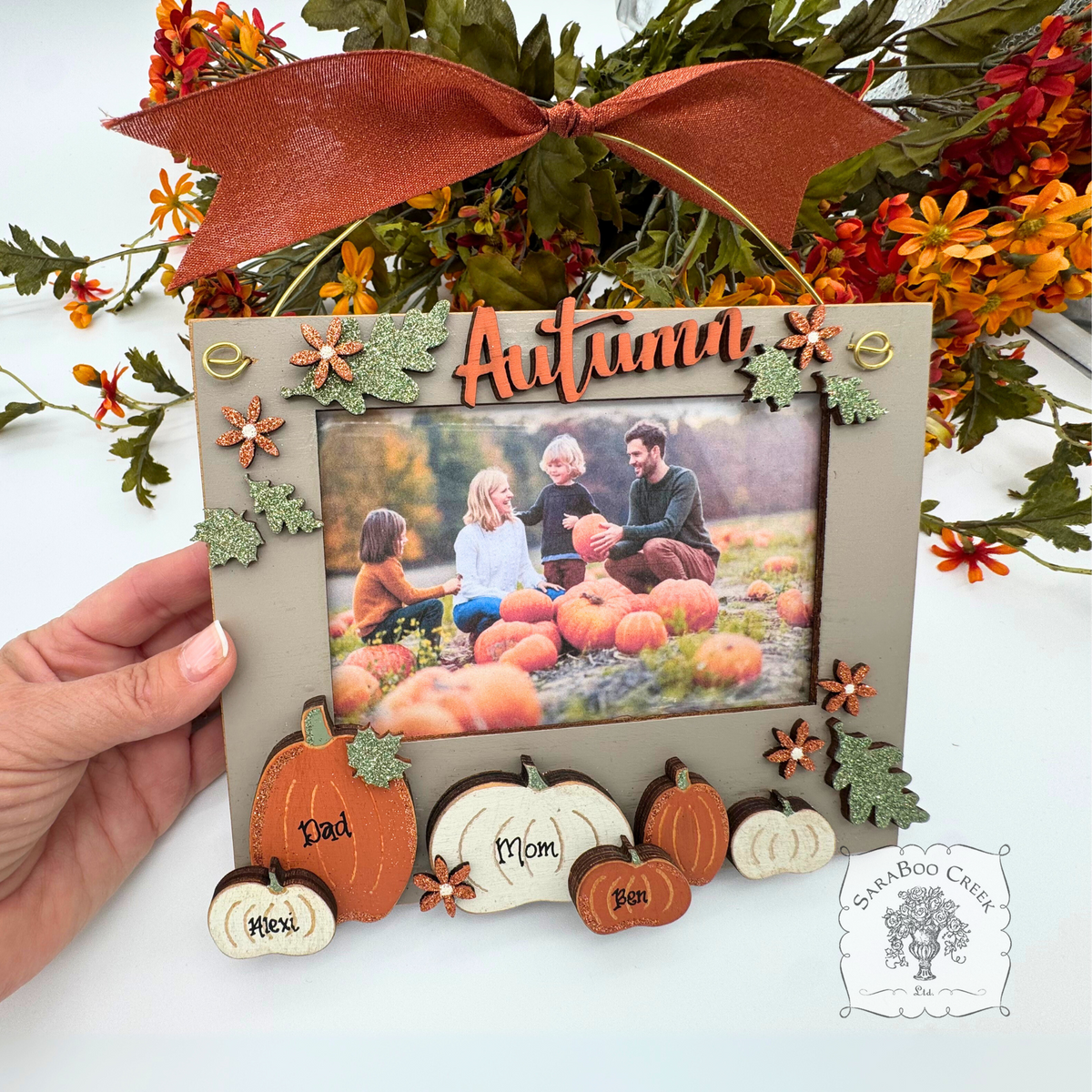 Wood "Autumn" Hanging Picture Frame with Pumpkins and Fall Leaves & Floral - Slip in 3.5" x 5.5" Photo