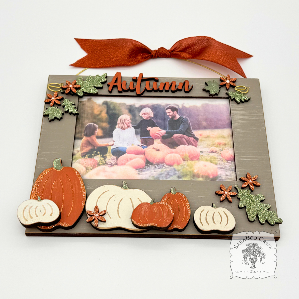 Wood "Autumn" Hanging Picture Frame with Pumpkins and Fall Leaves & Floral - Slip in 3.5" x 5.5" Photo
