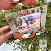 Wood "Autumn" Hanging Picture Frame with Pumpkins and Fall Leaves & Floral - Slip in 3.5" x 5.5" Photo