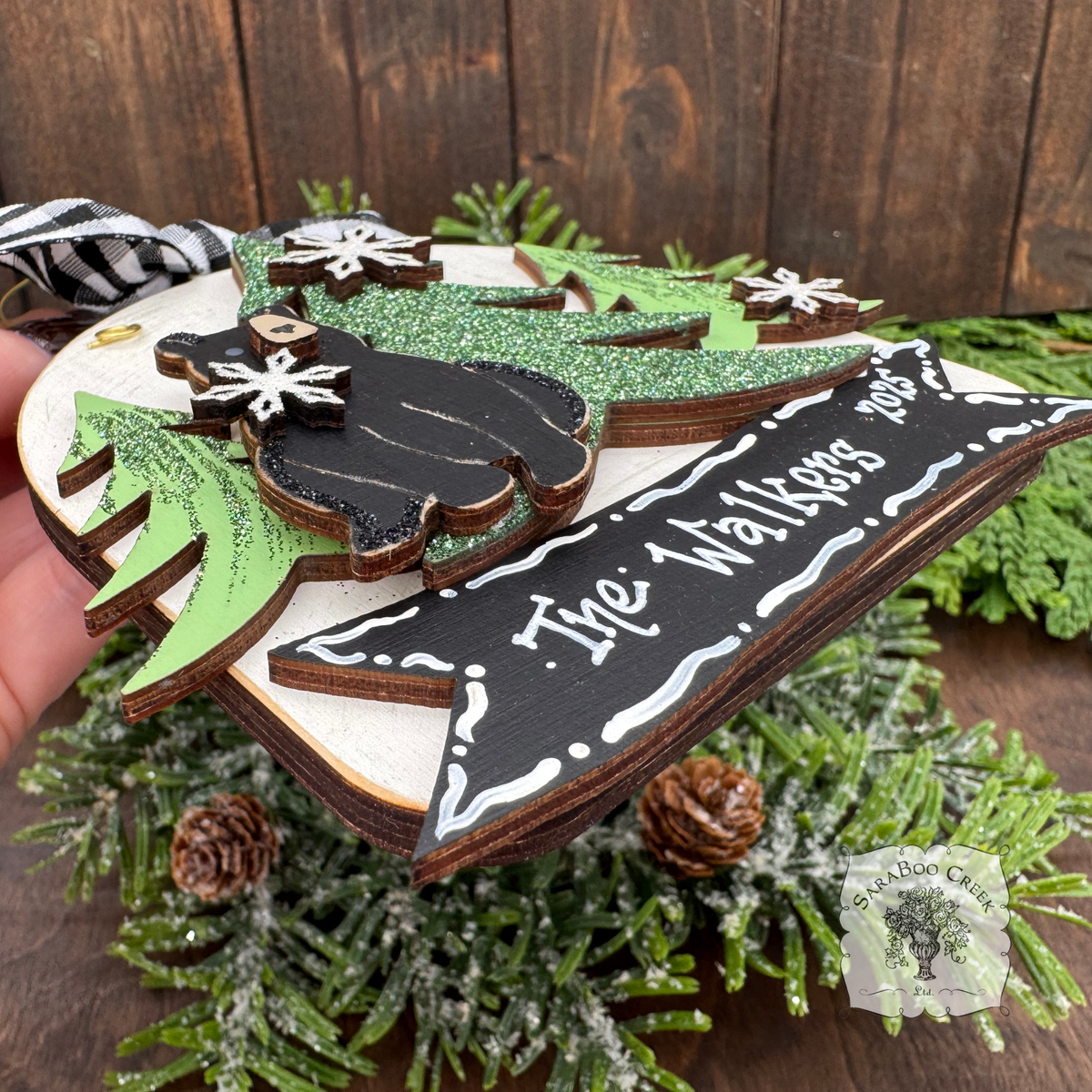 Personalized Black Bear Ornament; Handmade Layered Bear in the Woods Winter Scene