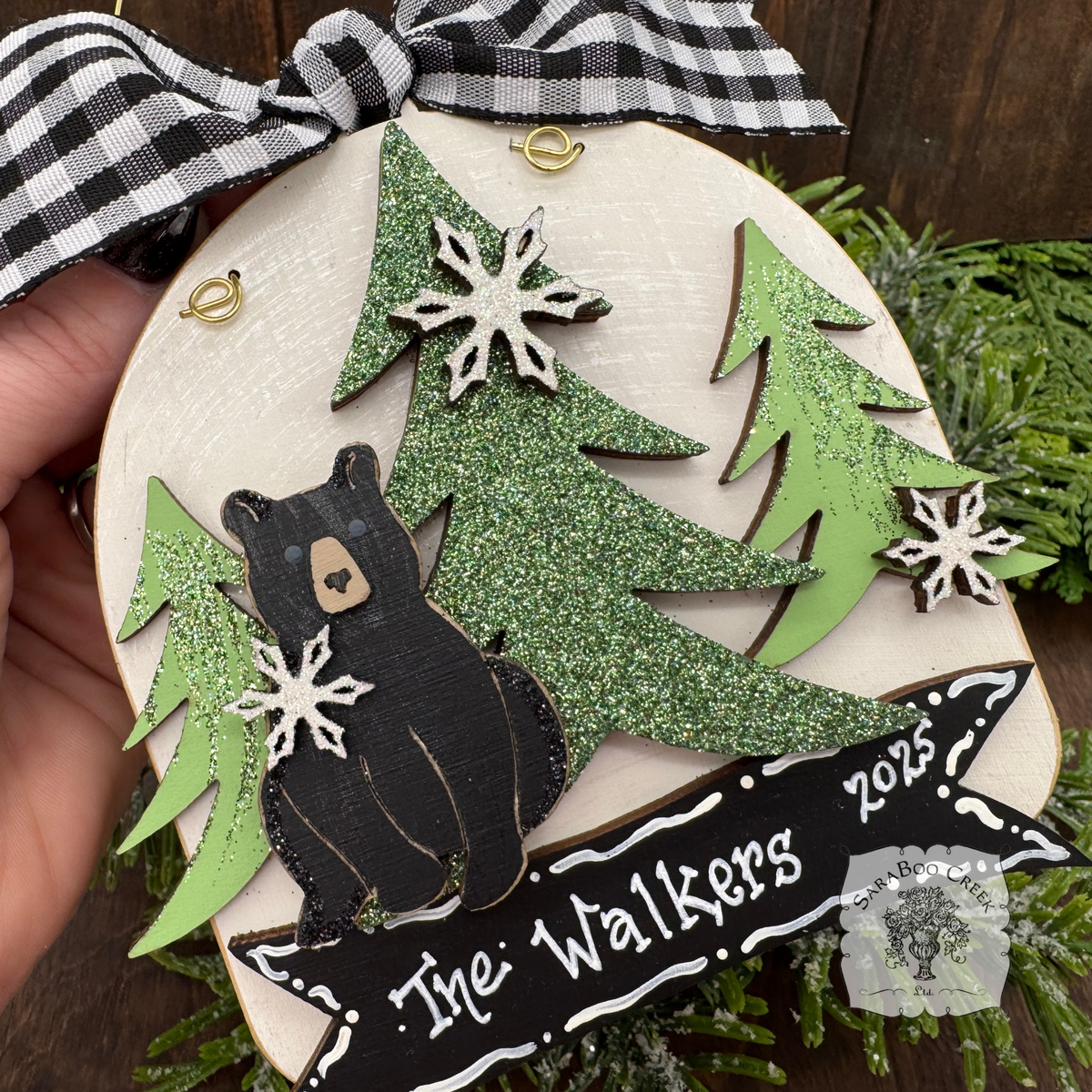 Personalized Black Bear Ornament; Handmade Layered Bear in the Woods Winter Scene