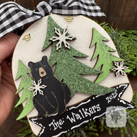 Personalized Black Bear Ornament; Handmade Layered Bear in the Woods Winter Scene