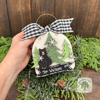 Personalized Black Bear Ornament; Handmade Layered Bear in the Woods Winter Scene