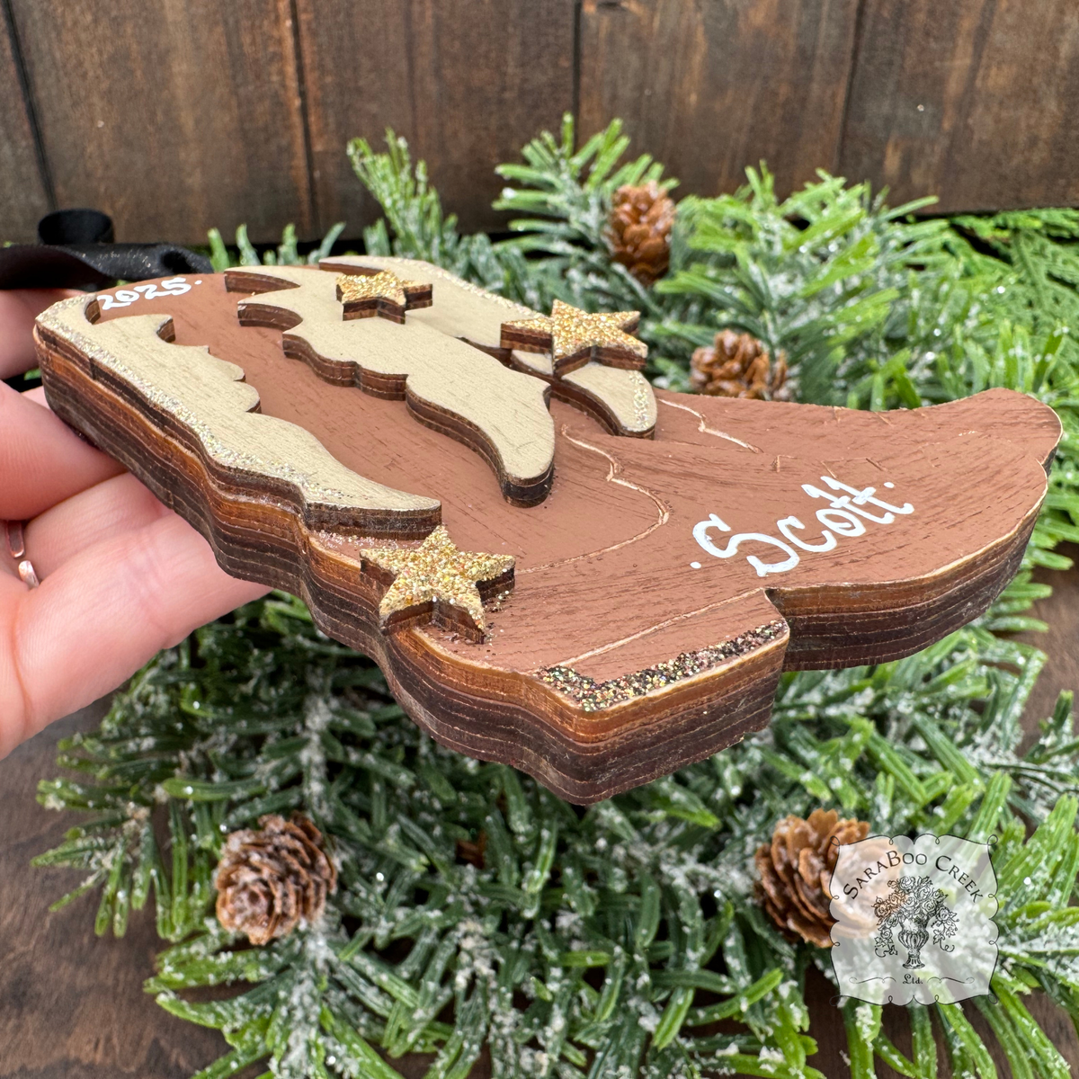 Personalized Cowboy Boots Ornament; Pair of Brown Western Boots with Gold Stars