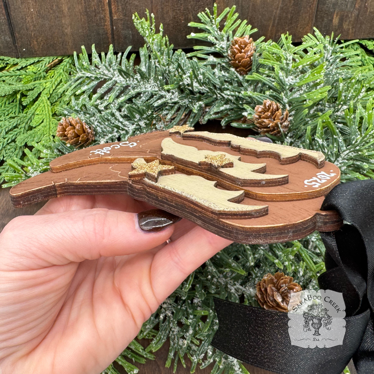 Personalized Cowboy Boots Ornament; Pair of Brown Western Boots with Gold Stars