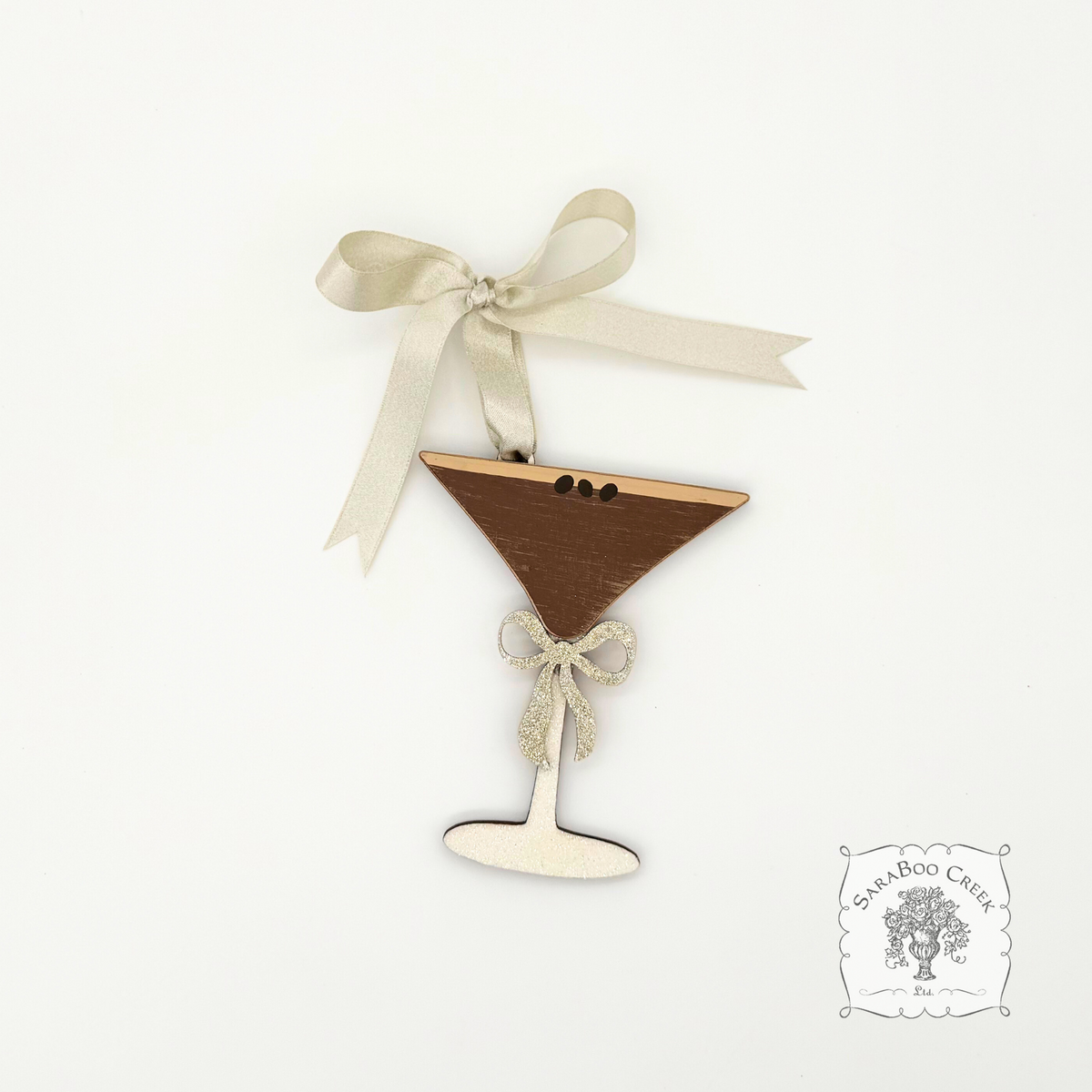 Personalized Espresso Martini Ornament with Glittery Bow & Ribbon Hanger