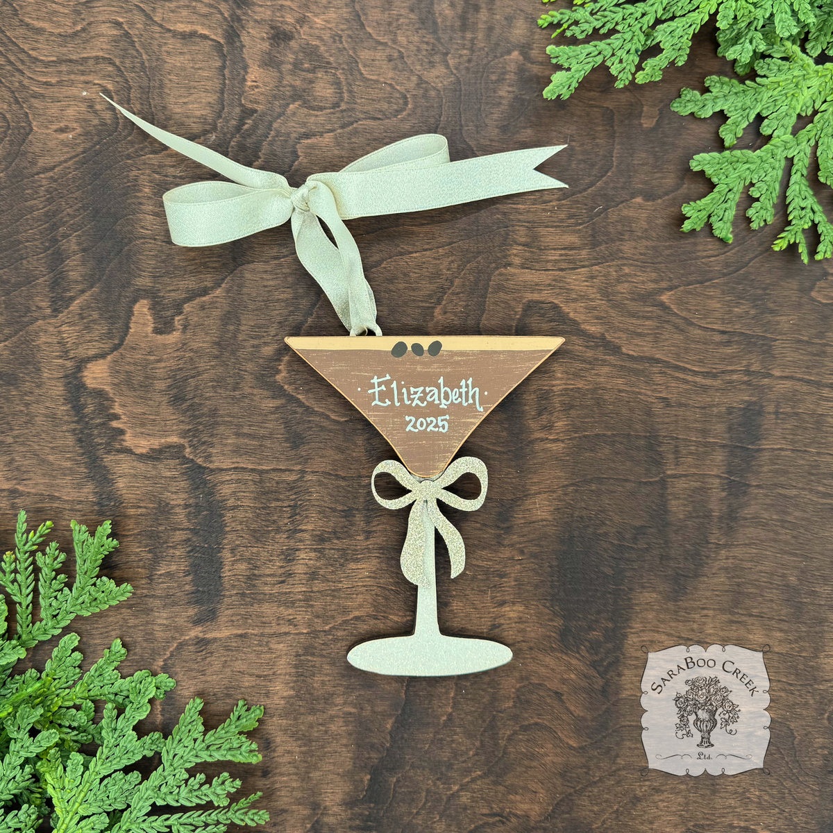 Personalized Espresso Martini Ornament with Glittery Bow & Ribbon Hanger