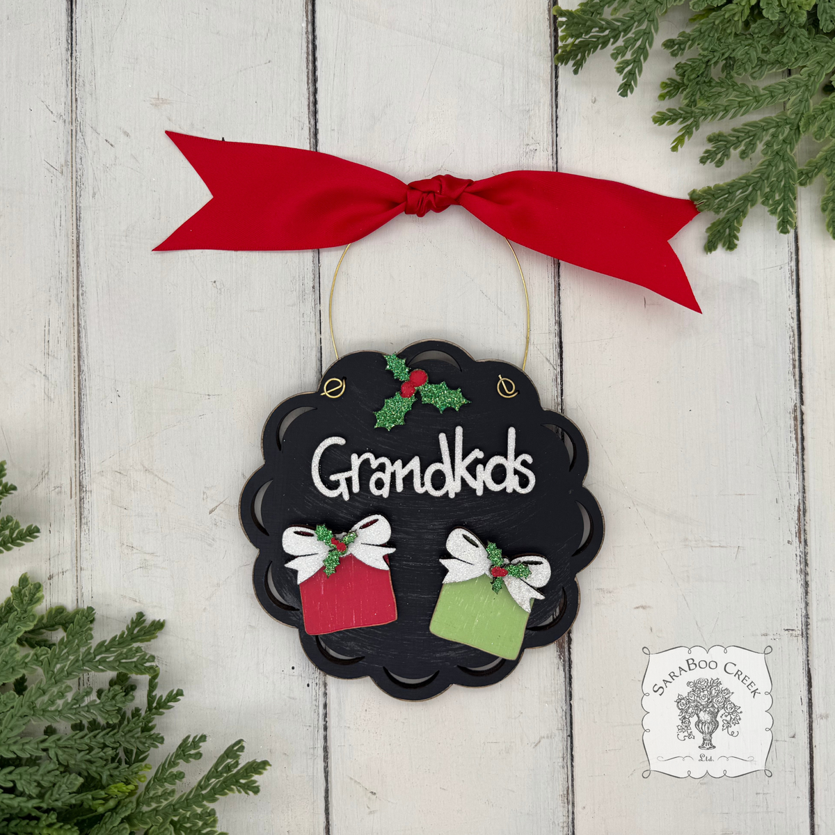 Grandkids Gifts Ornament with 2, 3, 4 or 5 Personalized Wood Present for Grandchildren