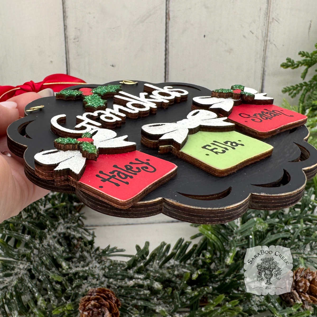 Grandkids Gifts Ornament with 2, 3, 4 or 5 Personalized Wood Present for Grandchildren