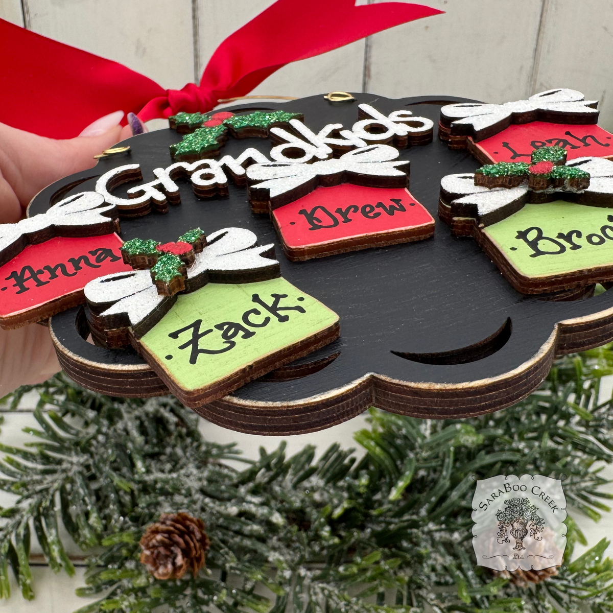 Grandkids Gifts Ornament with 2, 3, 4 or 5 Personalized Wood Present for Grandchildren