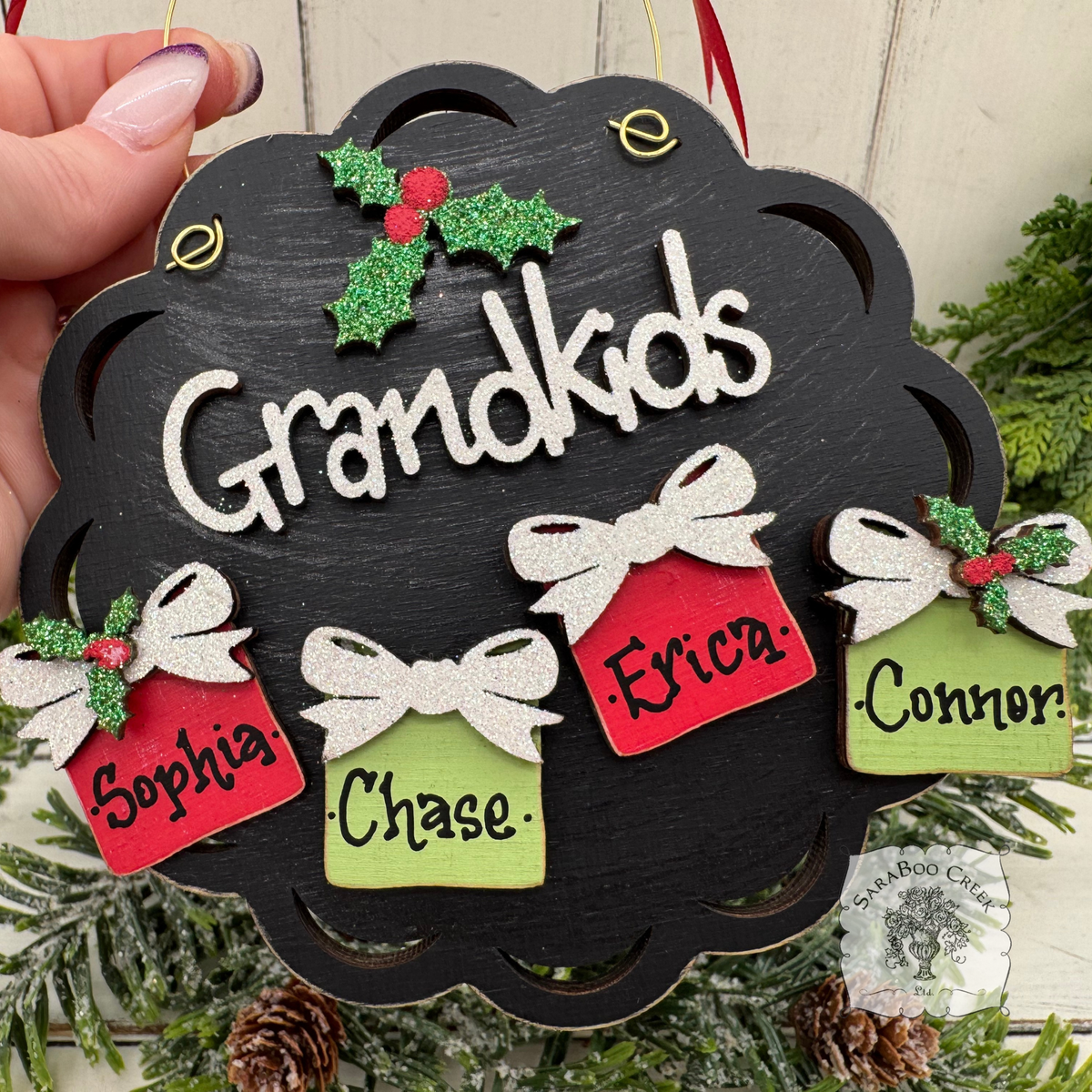 Grandkids Gifts Ornament with 2, 3, 4 or 5 Personalized Wood Present for Grandchildren