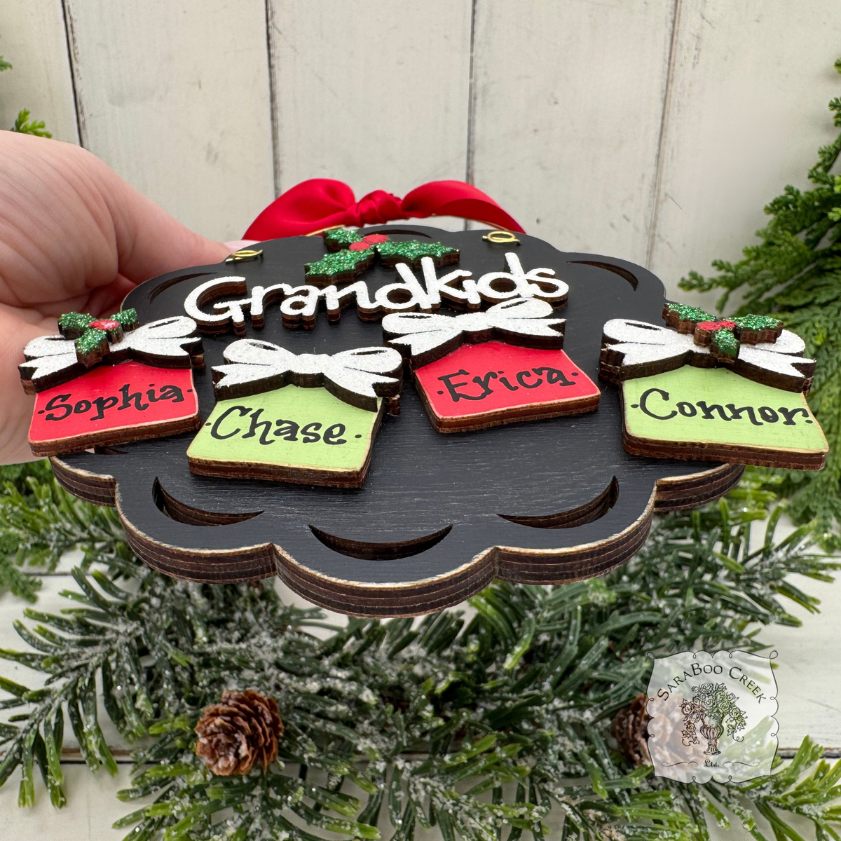 Grandkids Gifts Ornament with 2, 3, 4 or 5 Personalized Wood Present for Grandchildren