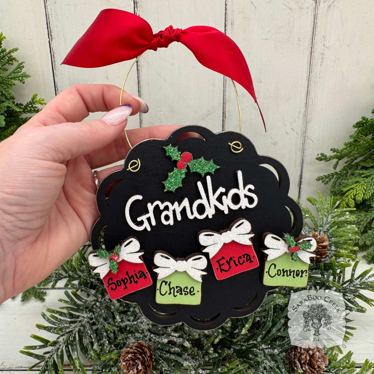 Grandkids Gifts Ornament with 2, 3, 4 or 5 Personalized Wood Present for Grandchildren