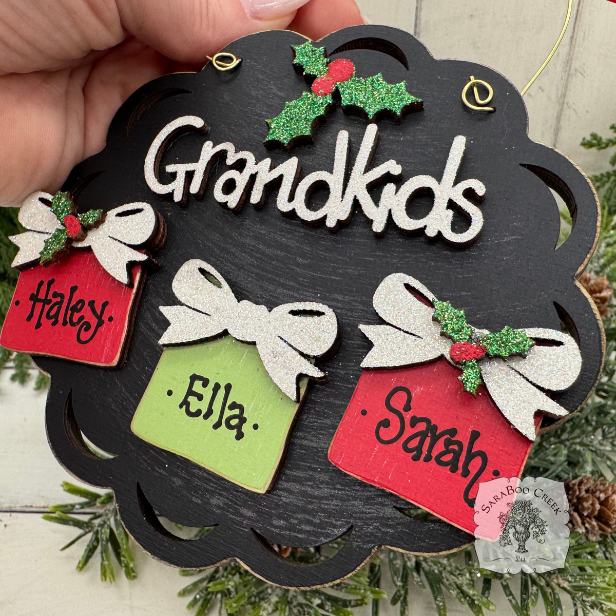 Grandkids Gifts Ornament with 2, 3, 4 or 5 Personalized Wood Present for Grandchildren